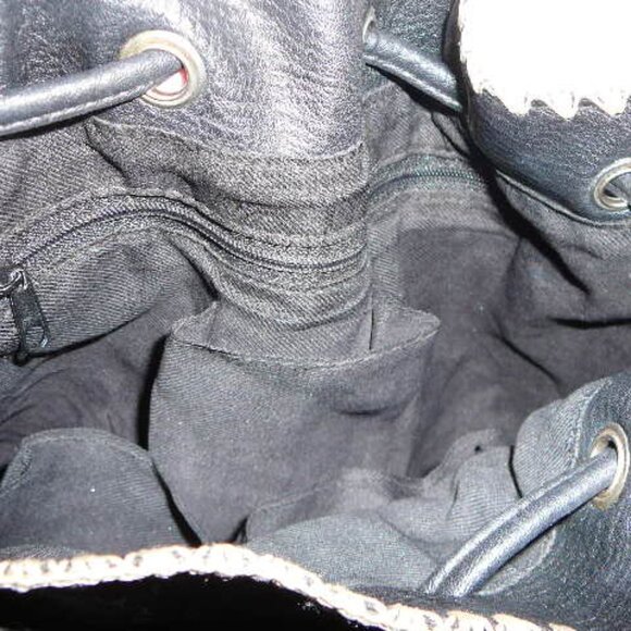 Black Drawstring Closure Cross Body Faux Leather Purse Bag w/Tan Embroidery - Picture 7 of 7